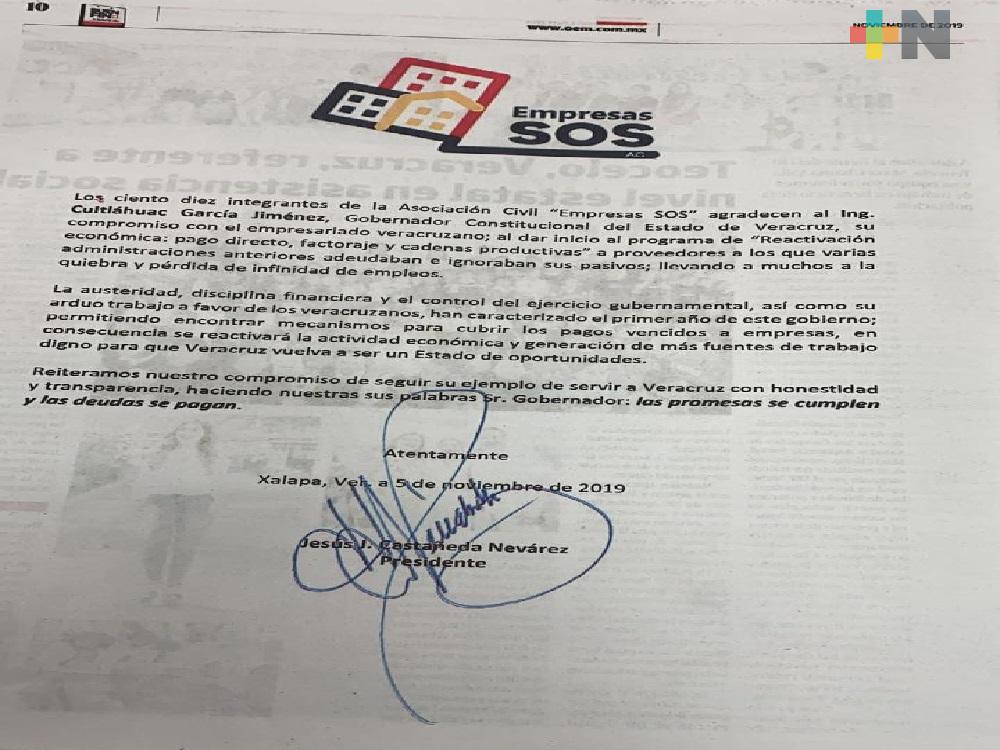 Empresarios SOS agradecen que esta administración pague adeudos