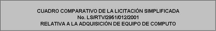 Cuadro de texto: CUADRO COMPARATIVO DE LA LICITACIÓN SIMPLIFICADA 
No. LS/RTV/2951/012/2001
RELATIVA A LA ADQUISICIÓN DE EQUIPO DE COMPUTO