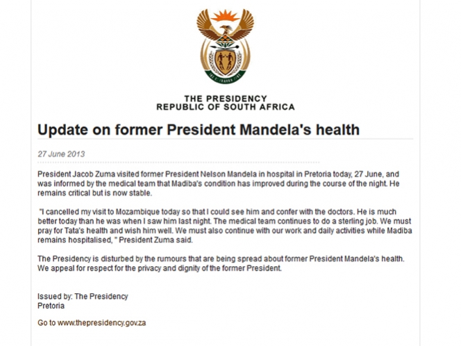 Presidente sudafricano visita a Mandela; ‘crítico pero estable’