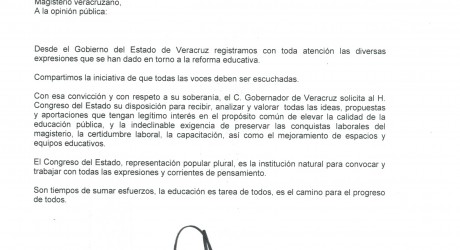 Solicita Gobernador al Congreso estatal ser interlocutor para atender legítimas demandas del magisterio veracruzano