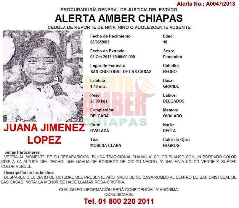 Activan Alerta Amber por la desaparición niña indígena chamula