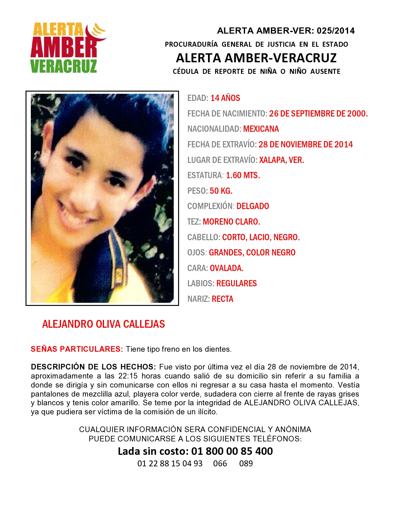 Se activa Alerta Amber por desaparición de menor de 14 años, en Xalapa