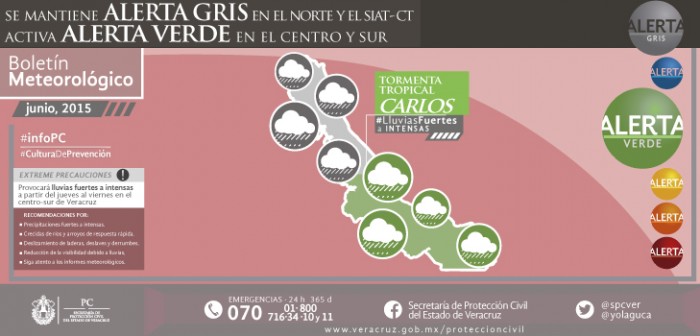 Por Tormenta Tropical Carlos, Alerta Verde para sur y centro de Veracruz; Gris en el norte
