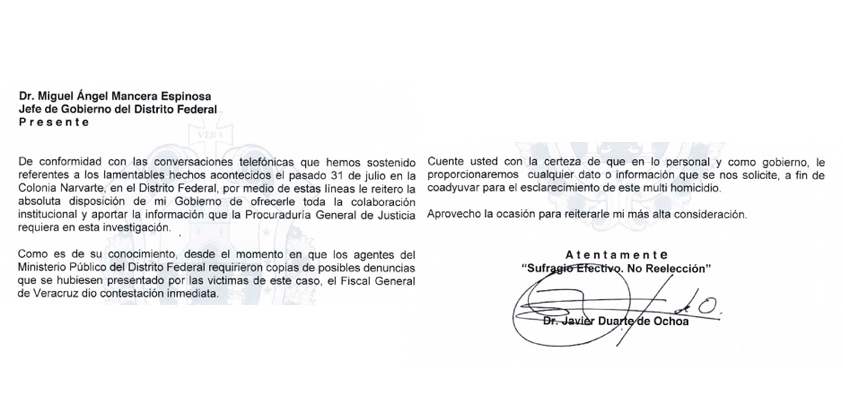 Refrenda Gobierno de Veracruz absoluta disposición a colaborar con el DF en investigaciones sobre caso Narvarte