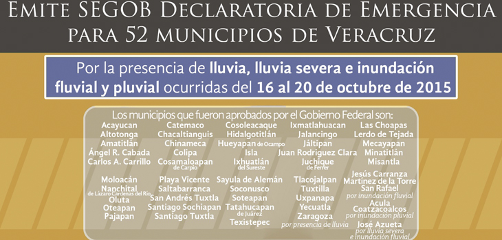 Emite SEGOB Declaratoria de Emergencia para municipios de Veracruz