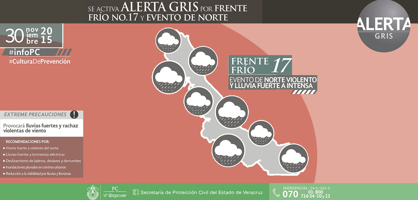 Se activa Alerta Gris por ingreso del Frente Frío 17 a Veracruz: PC