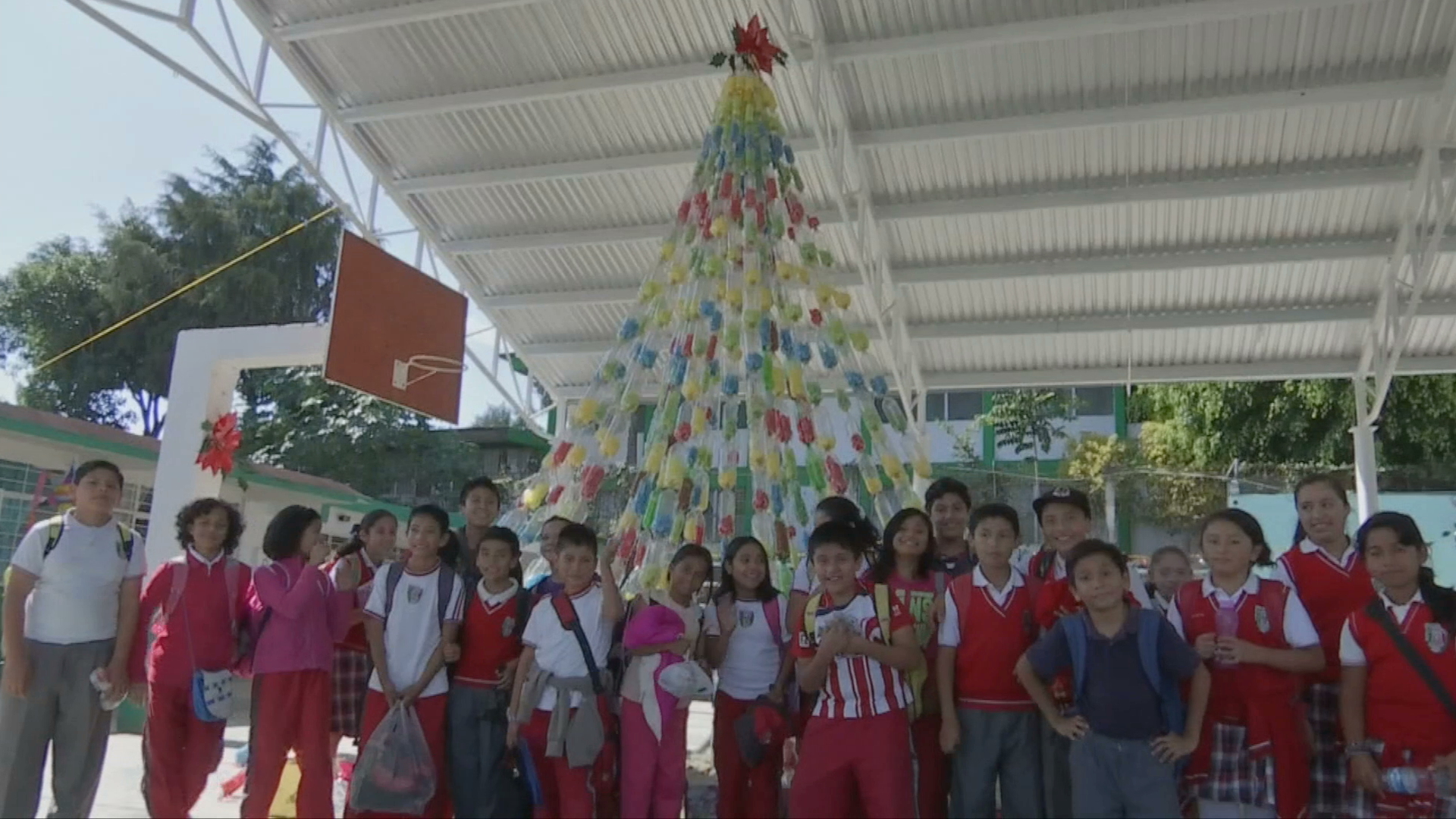 Alumnos elaboran pino gigante con botellas recicladas