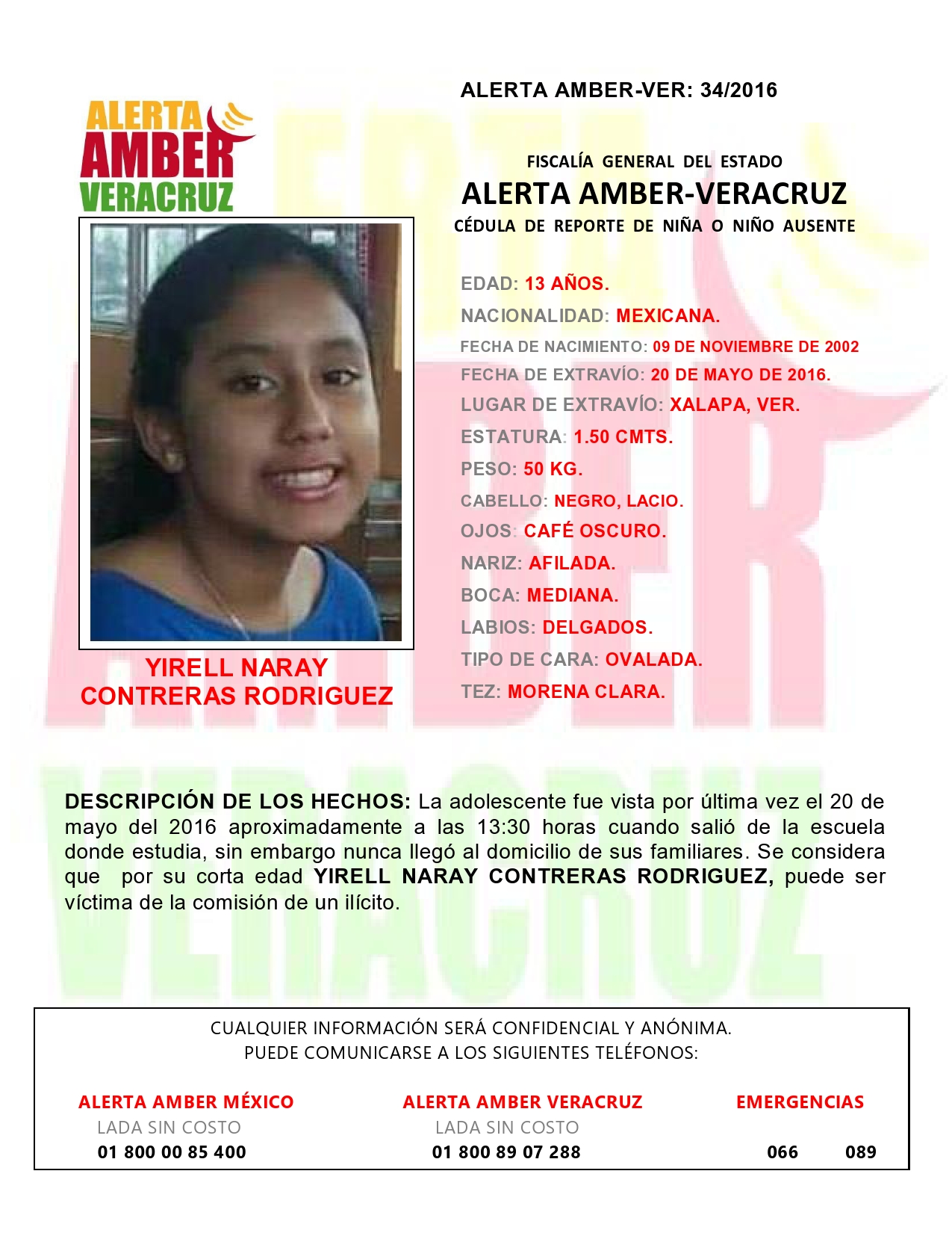 Activan Alerta Amber por desaparición de menor de 13 años, en Xalapa