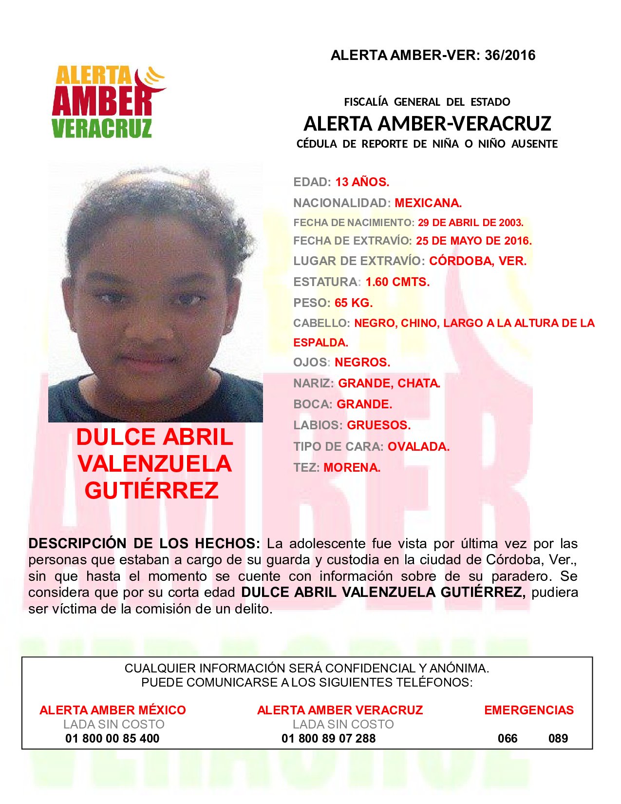Activan Alerta Amber por desaparición de menor de 13 años, en Córdoba