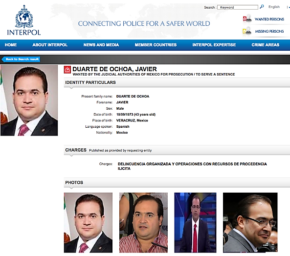 Publica la Interpol la ficha roja de Javier Duarte