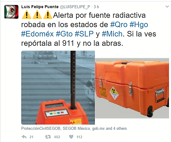 Emite Gobernación alerta en seis estados por el robo de una fuente radioactiva