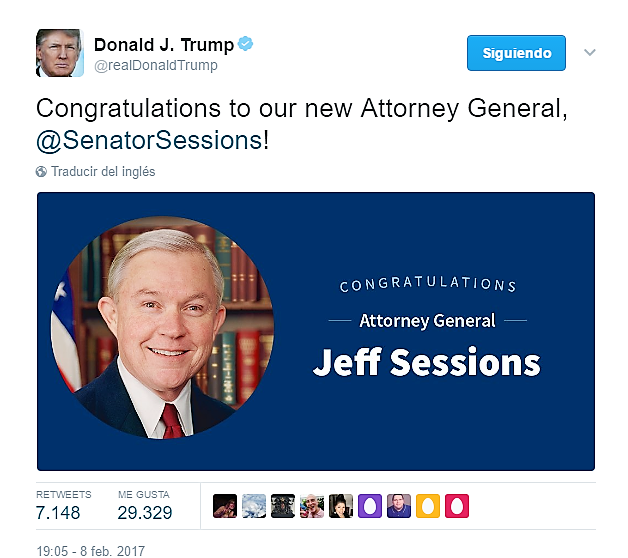 Felicita Trump a Jeff Sessions por su confirmación como fiscal general de EU