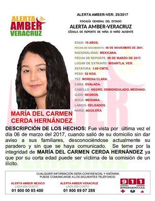 Activa FGE Alerta Amber por desaparición de adolescente en Misantla