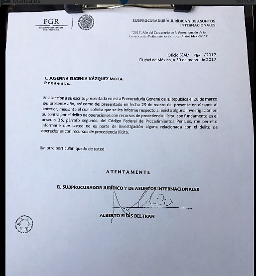 Informa la PGR a Josefina Vázquez Mota que no es investigada por lavado de dinero