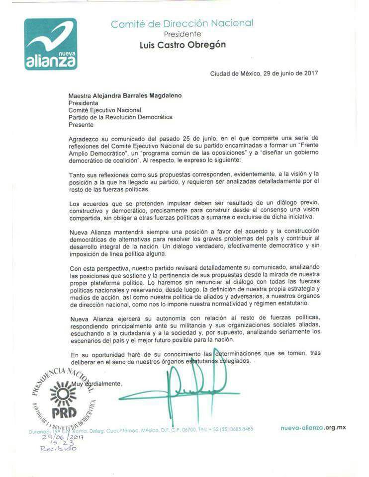 Nueva Alianza no cierra la oportunidad de unirse al Frente Amplio convocado por el PRD