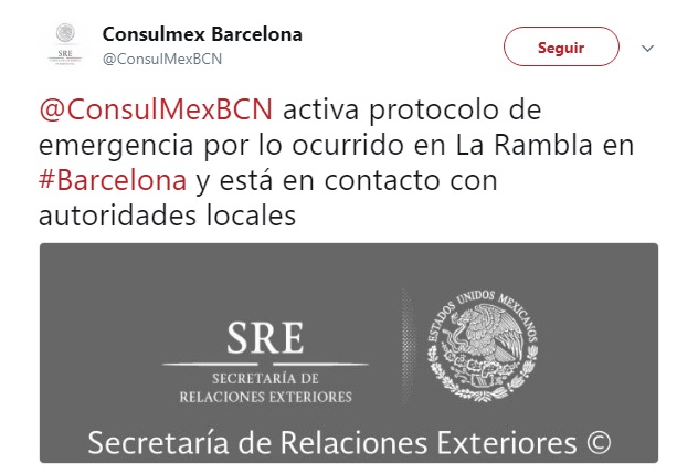 Condena enérgica de México al atentado en Barcelona