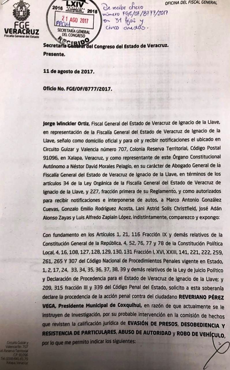 Presenta FGE solicitud de desafuero contra alcalde de Coxquihui