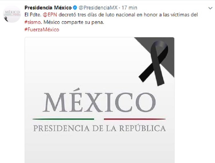 Peña Nieto decreta tres días de luto nacional por terremoto
