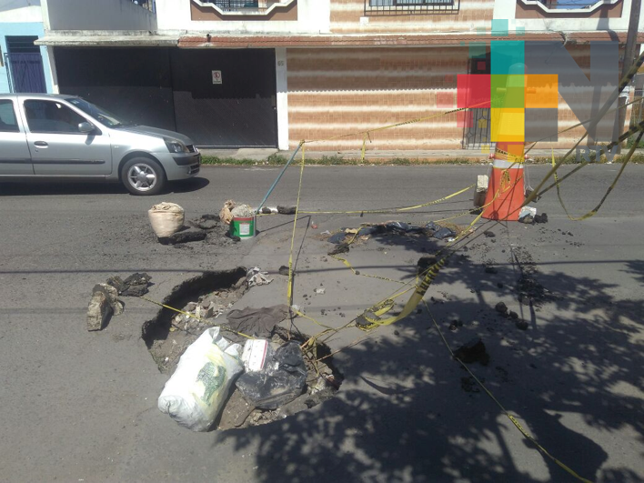 Habitantes del Fraccionamiento Los Pinos piden reparación de socavón; podría provocar accidentes
