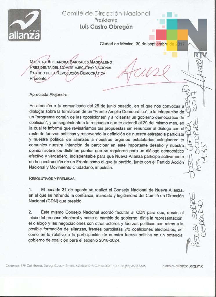 Se integra Nueva Alianza al Frente Amplio Democrático