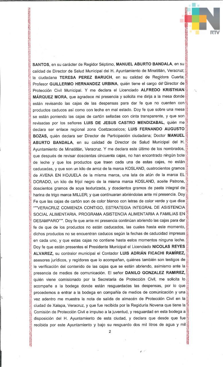 Alcalde de Minatitlán mintió sobre despensas, confirma acta notarial