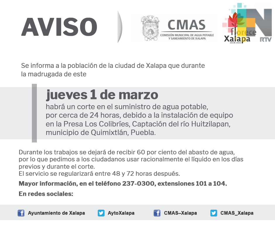 CMAS Xalapa pide ahorrar y almacenar agua durante dos días a partir del 1 de marzo