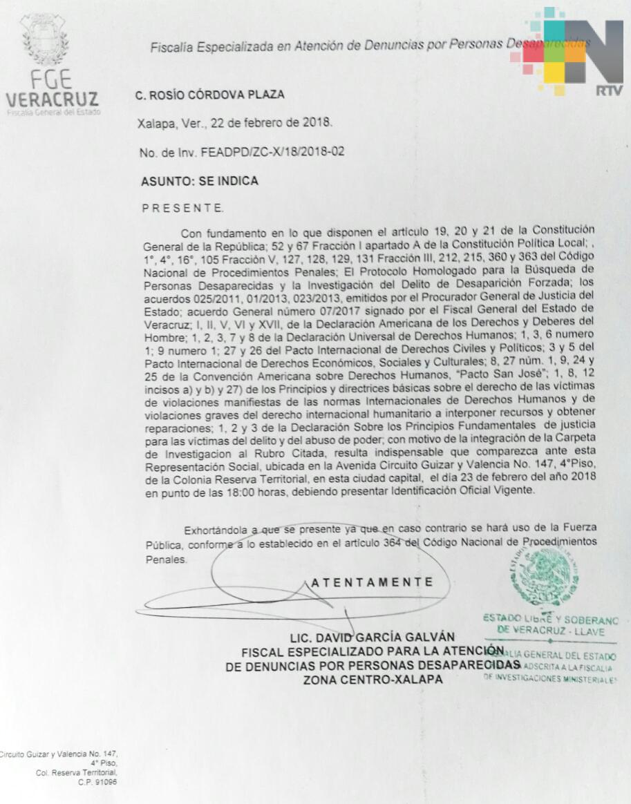 Cita Fiscalía General a Rosío Córdova Plaza por supuesta cifra de estudiantes desaparecidos