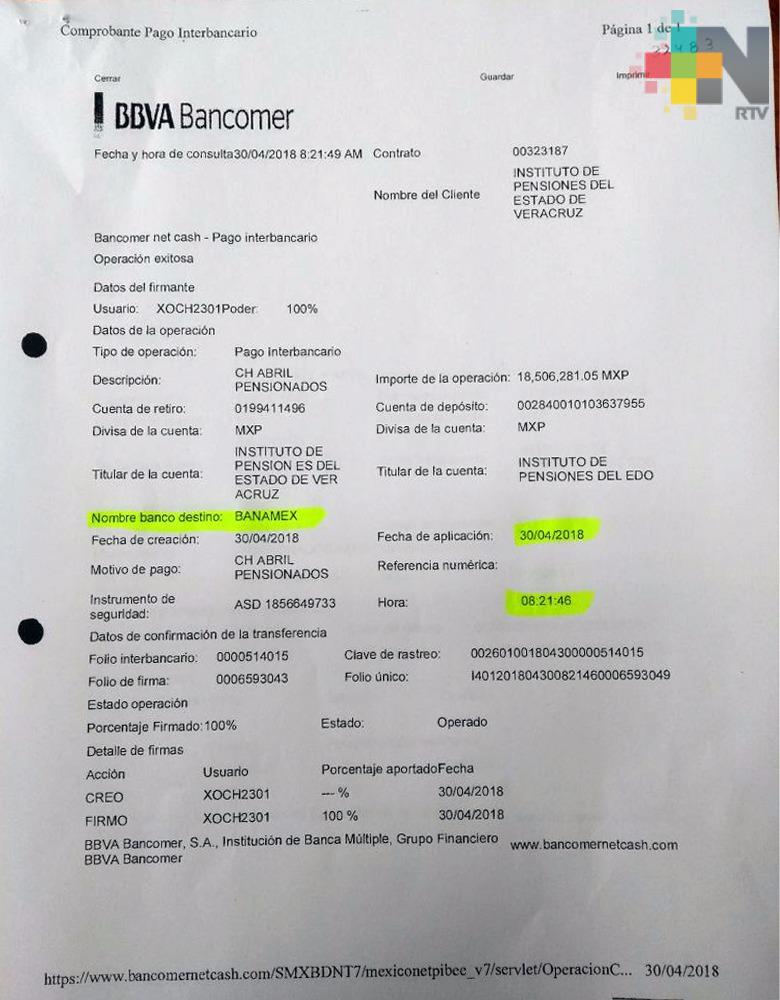 Gobierno estatal deposita en tiempo y forma el pago quincenal a los pensionados