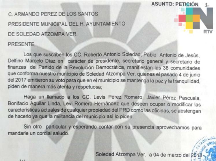 Presenta PRD denuncia por despojo de Morena en Soledad Atzompa
