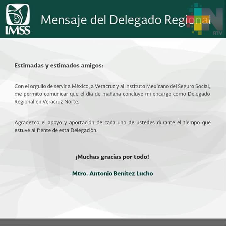 Concluye Benítez Lucho periodo frente a delegación Norte del IMSS