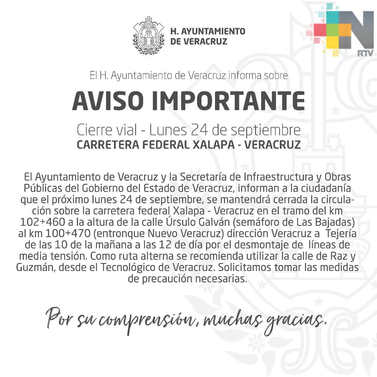 Cerrarán circulación vehicular sobre la carretera federal Xalapa – Veracruz por desmontaje de líneas de media tensión