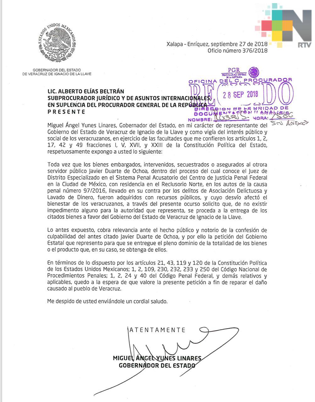 Solicita el Gobernador Yunes a la PGR que entregue al Estado de Veracruz los bienes decomisados a Javier Duarte con valor a 800 millones de pesos