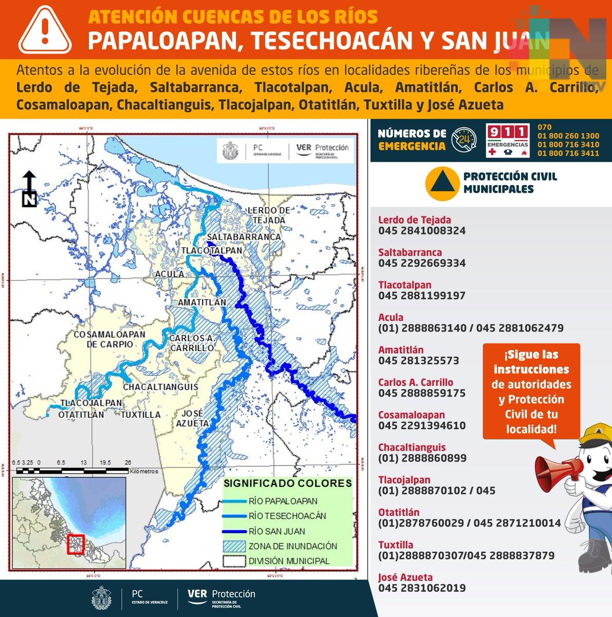 Alerta en 12 municipios por crecida de los ríos  Papaloapan, Tesechoacán y San Juan