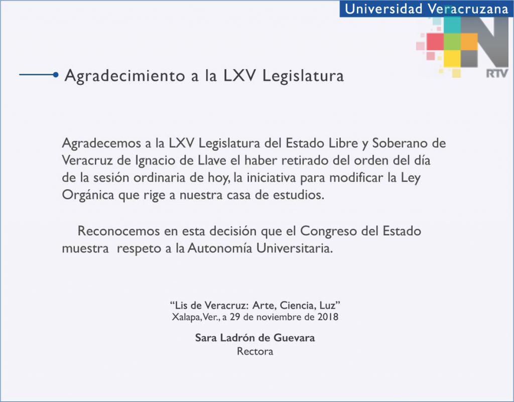 Agradece UV a Legislatura retirar iniciativa para modificar Ley Orgánica