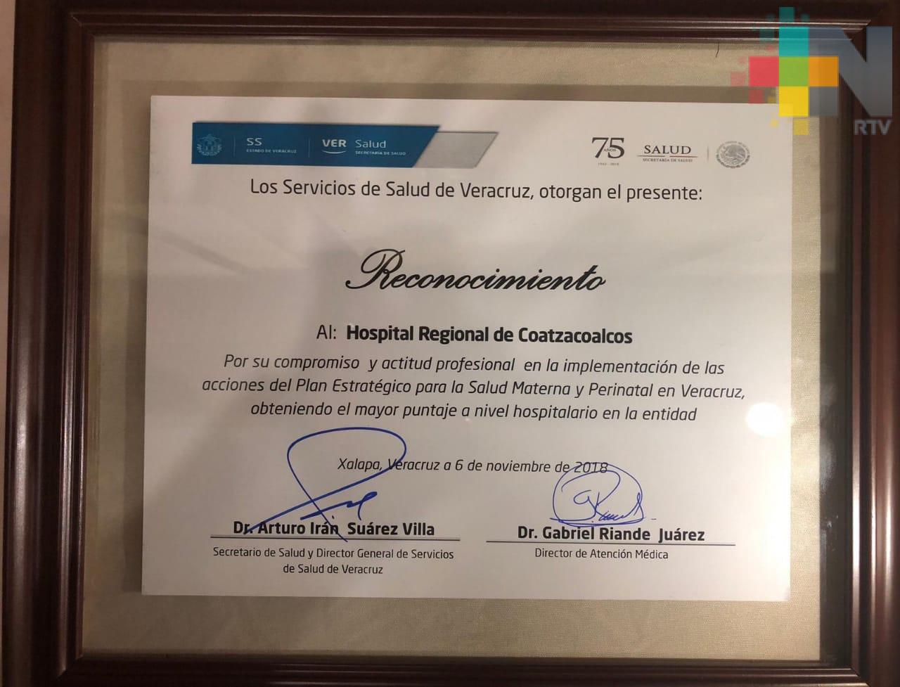 Dan reconocimiento a Hospital Regional de Coatzacoalcos por atención materna y perinatal