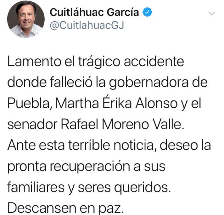 Lamenta gobernador Cuitláhuac García trágico accidente de gobernadora de Puebla