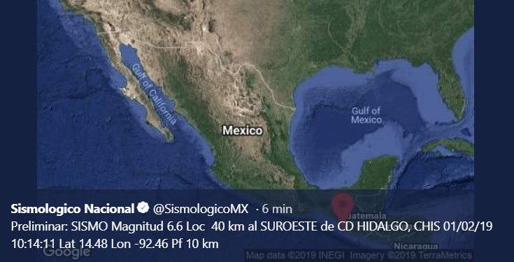 Sismo de magnitud 6.6 a 40 kilómetros de Ciudad Hidalgo, Chiapas
