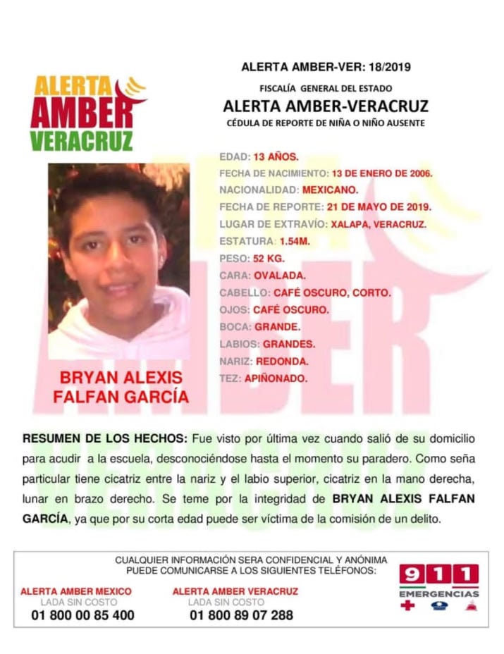 Activan Alerta AMBER para localizar al C. Bryan Alexis Falfan García