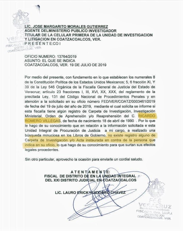 Mediante oficio, la FGE prácticamente exoneró a Ricardo “N” como presunto autor de la comisión de algún delito