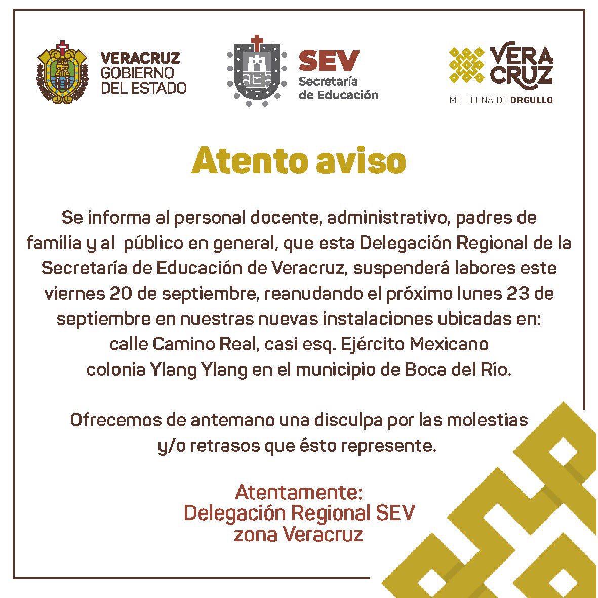 Delegación de la SEV en la zona conurbada, suspenderá actividades este viernes