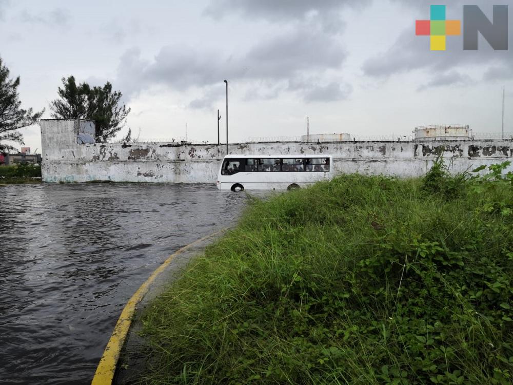 Por intensa lluvia queda varado camión en avenida de Veracruz puerto