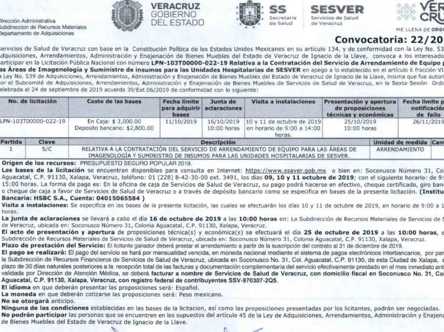 Publican licitación para equipar unidades hospitalarias de la Secretaría de Salud en Veracruz