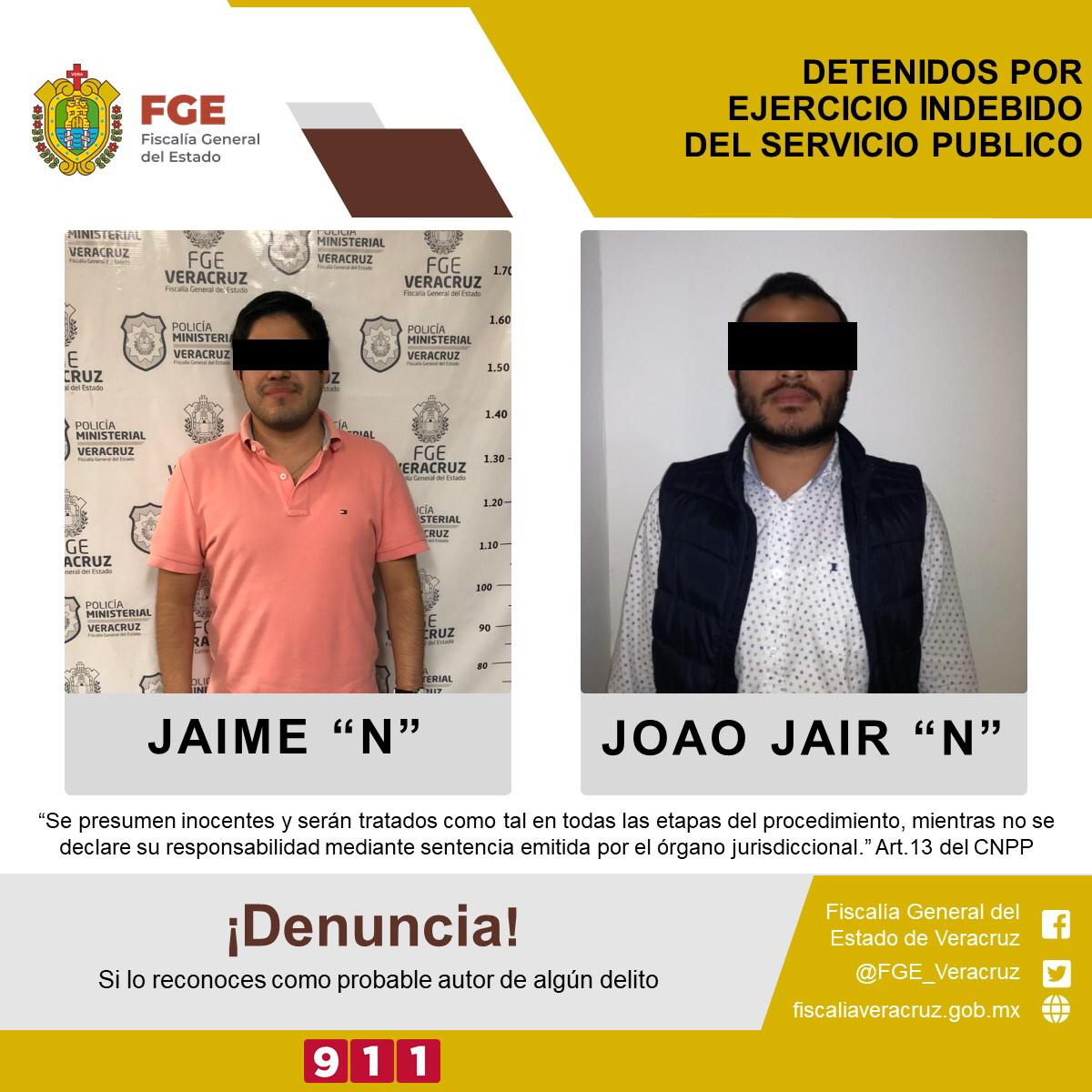 FGE detiene a Jaime “N” y Joao Jaír “N” por presunto ejercicio indebido del servicio público
