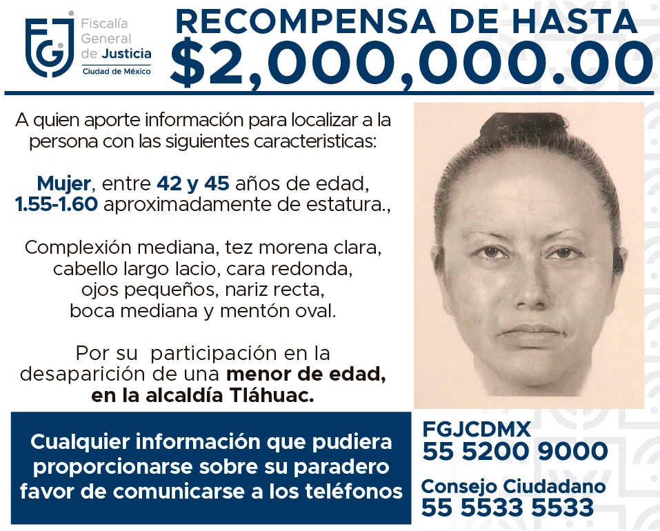 Difunden retrato hablado de mujer que se llevó a Fátima; ofrecen 2 mdp