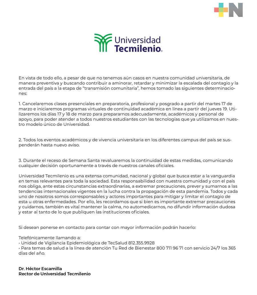 Como medida de prevención por Covid-19, Universidad Tec Milenio suspenderá clases