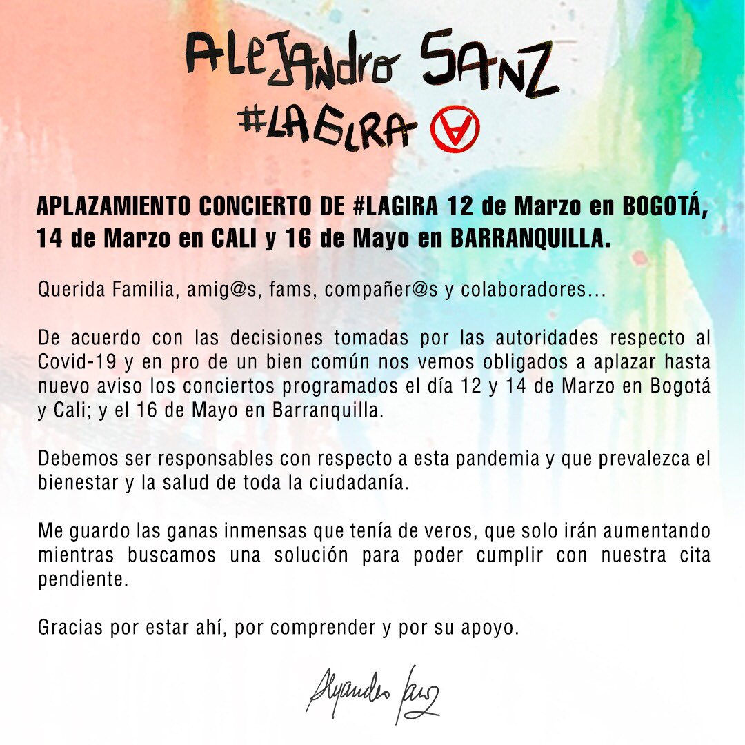 Cancelan conciertos de Alejandro Sanz en Colombia por Covid-19