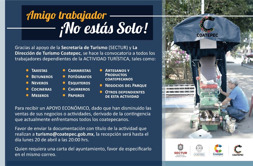 Hoy cierra convocatoria para entregar apoyos económicos a trabajadores dedicados al turismo en Coatepec