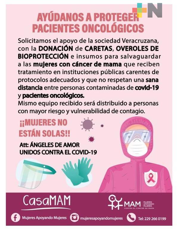 Asociación lanza colecta de cubrebocas, caretas y overoles para mujeres con cáncer