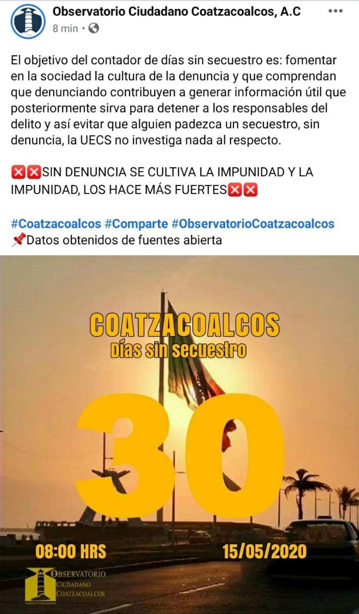 Municipio de Coatzacoalcos cumple un mes sin registrar secuestro: Observatorio Ciudadano