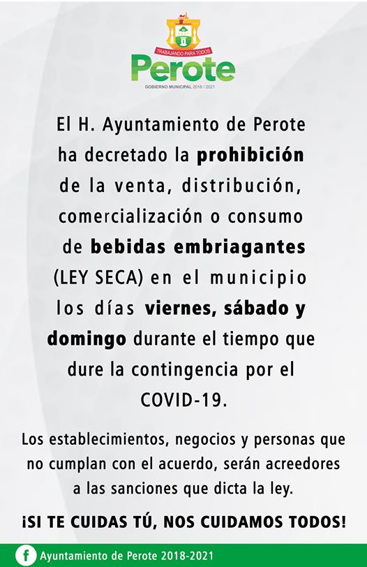 En Perote decretan “Ley Seca” los fines de semana mientras continúe emergencia sanitaria